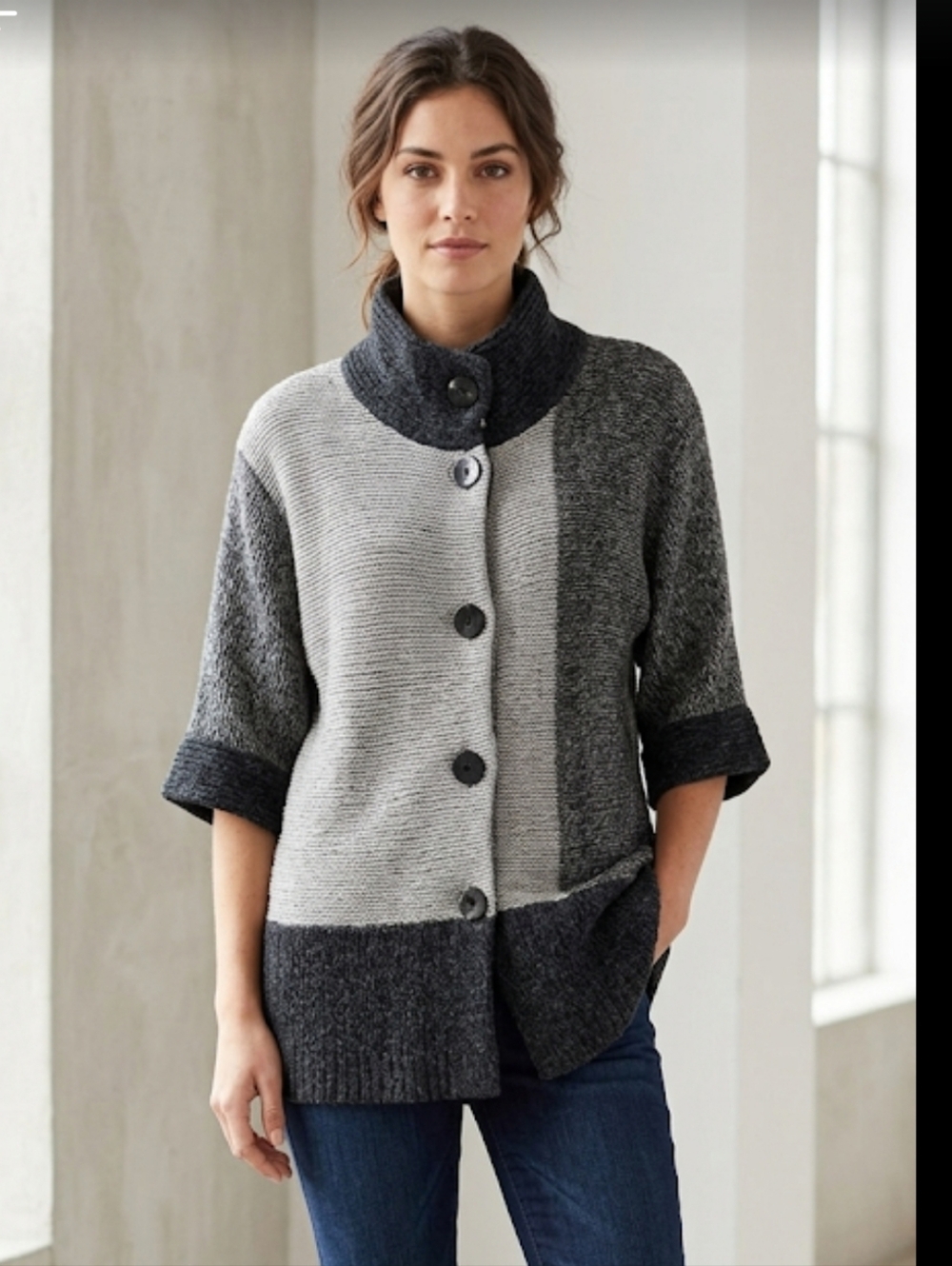 Keren Hart Colorblock Gray Shawl Collar Cardigan Sweater 3/4 Sleeves